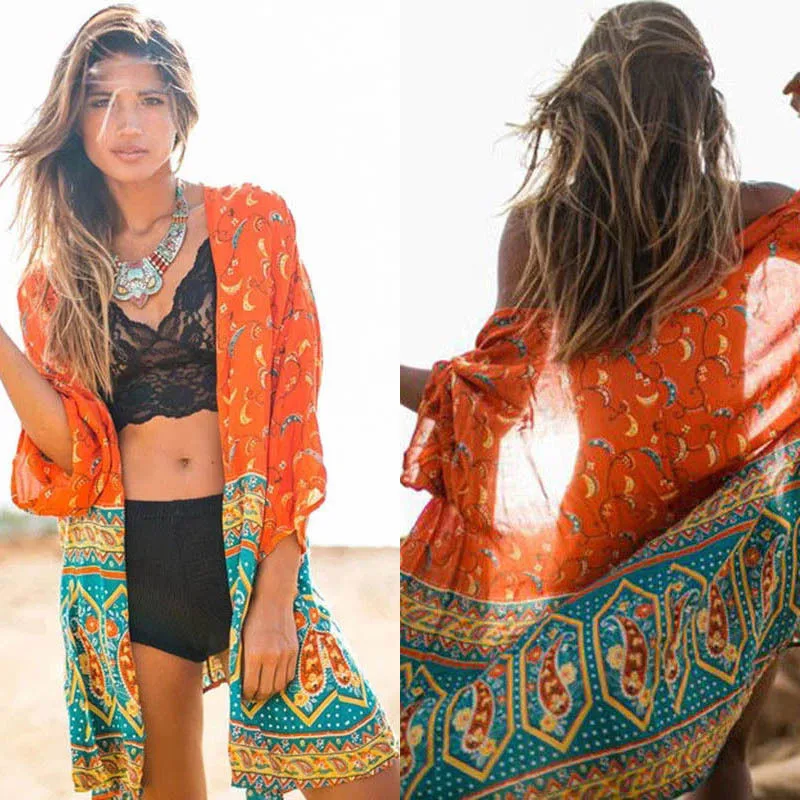 Женское пляжное платье парео Пляжное Платье из шифона с принтом 2017|tunics for beach|tunics