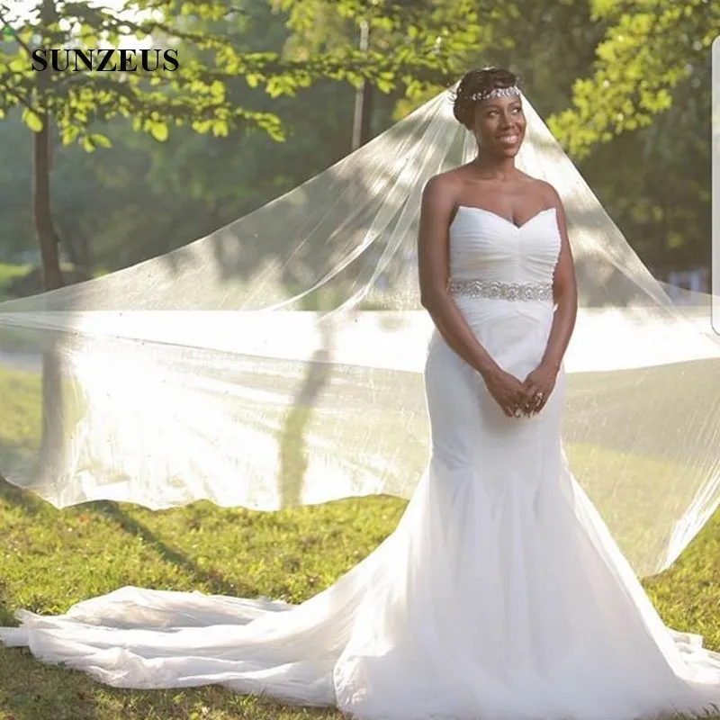 

Mermaid Tulle Wedding Dress Strapless African Women Gowns For Bride Pleated Long Bridal Gowns With Beaded Sash