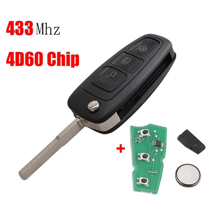 4D60 Chip BHKEY 433MhzMhz 3 кнопки Замена флип складной ключ дистанционного управления для Ford Focus Fiesta 2013 HU101 лезвие 4D60/4D63 чип - Количество кнопок: 4D60 Chip