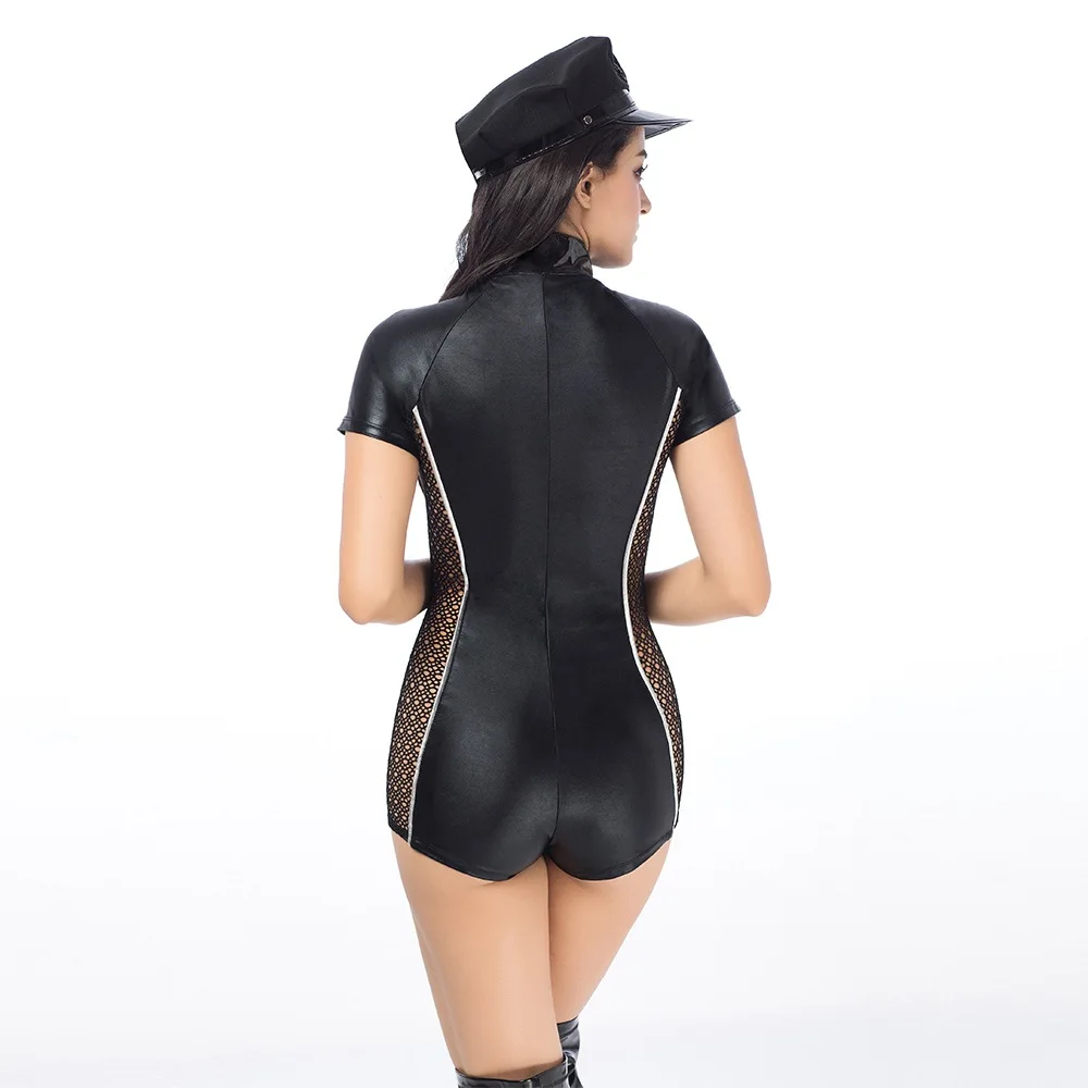 

2019 Sexy Adult Short Sleeves Policewoman Bodysuit Black Police Women Faux Leather Front Button Open Bust Tight Cosplay Costume