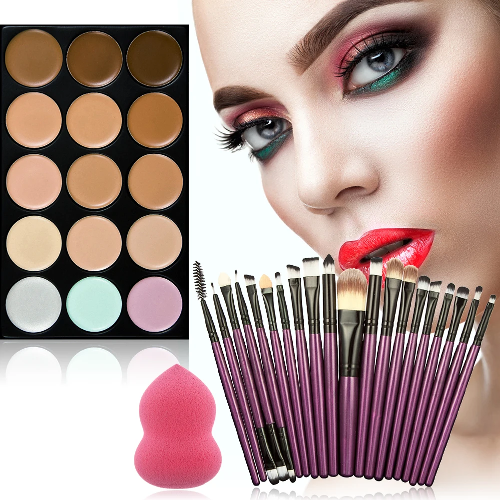 Purple Black Brush 15 цветов, макияж, пудра, крем, консилер, палитра+ 20 шт., косметическая основа, тени для век, румяна, кисти+ косметическая губка, кисть для пудры - Цвет: Purple Black Brush