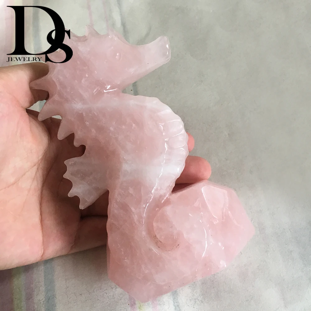 

15cm Natural Pink/Rose Quartz Hand Carved Seahorse Figurine Wild Life Figurine Handmade Craft Home Office Decoration Gift