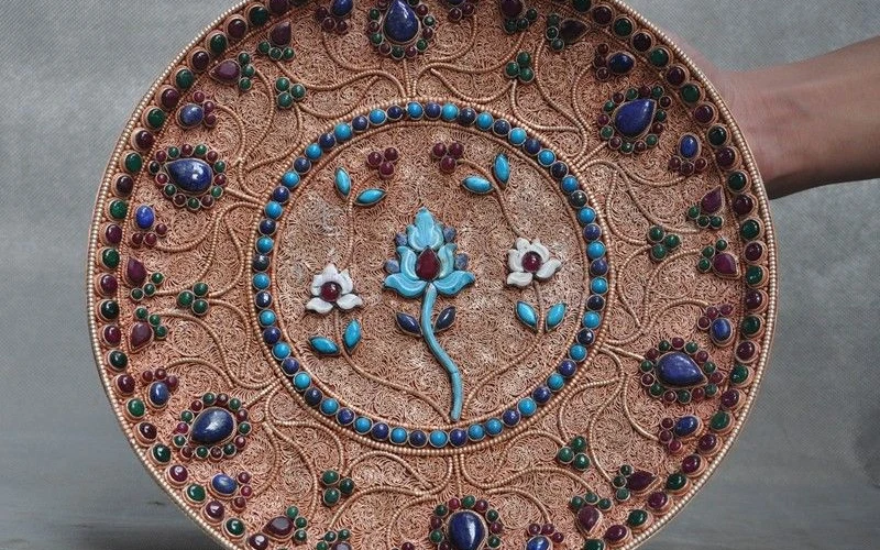 11&quotOld Tibet Buddhism Filigree silver inlay turquoise coral gem Flower wall Than | Дом и сад