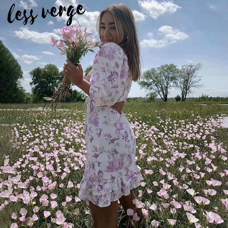 Lessverge женское летнее платье фиолетового цвета с цветочным принтом элегантное Бандажное мини-платье с оборками женское короткое винтажное праздничное платье vestido