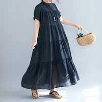 johnature solid color new stand collar short sleeve button loose casual long thin women dresses 2021 summer causal korean dress