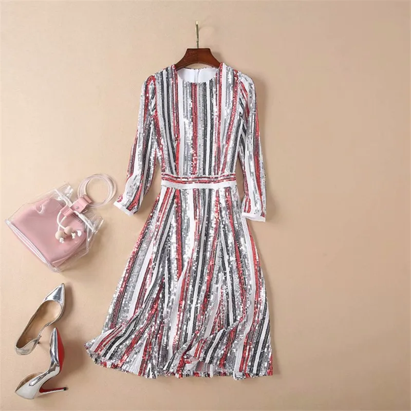 Высокое качество Весна 2019 Новая мода взлетно-посадочной полосы блестками платье