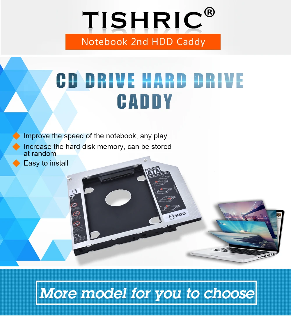 TISHRIC Универсальный алюминиевый 2-ой HDD Caddy 9,5 мм SATA 3,0-SATA 2," чехол для SSD, HDD корпус для ноутбука CD-ROM DVD-ROM ODD OptiBay