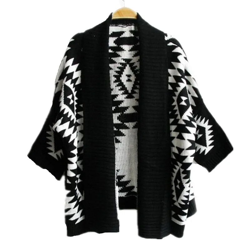 Aztec Knit Womens Cardigans Batwing Sleeve Stripe Cardigan Black Vintage Pop Style Geometric Sweater 3 colors available |