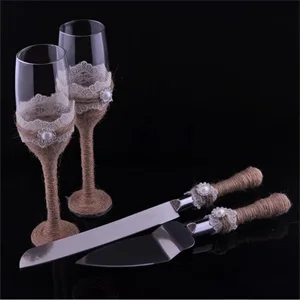 whole set Новая коллекция 4 шт./компл. Свадебные джут Ножи и серверный набор+ Свадебные бокалы для шампанского - Цвет: whole set