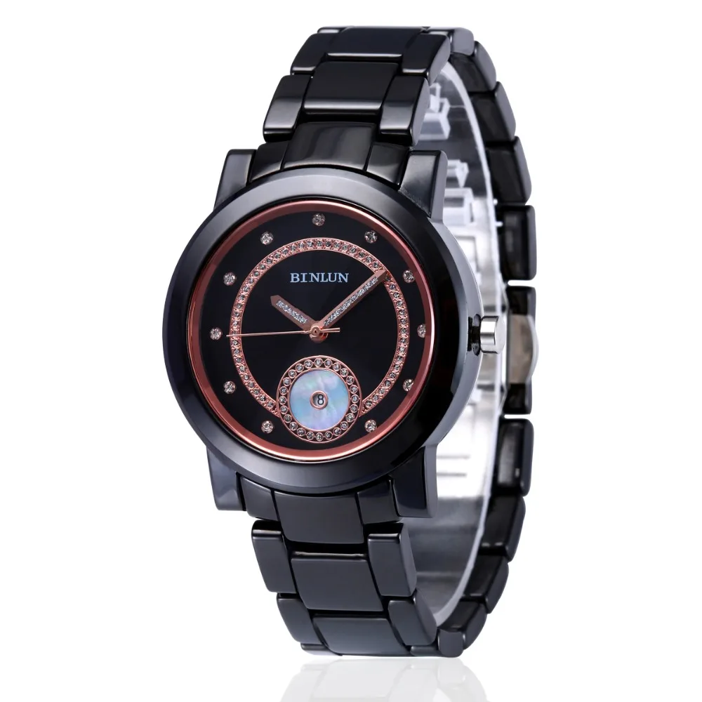 BINLUN мужские черные золотые керамические кварцевые часы Роскошные розовое золото