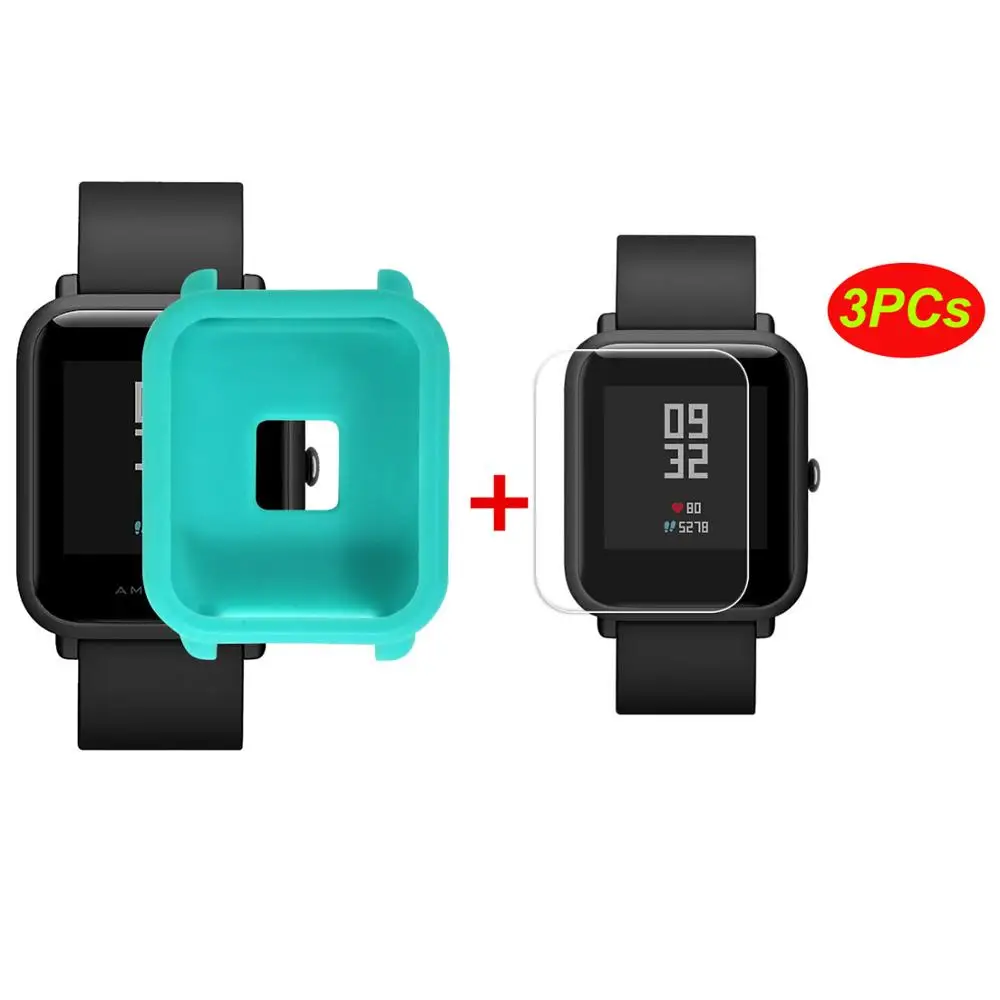 Мягкий защитный чехол+ 3 шт. защита для экрана для Huami Amazfit Bip Younth Watch, тонкий цветной чехол с рамкой, защитный чехол - Цвет: 4