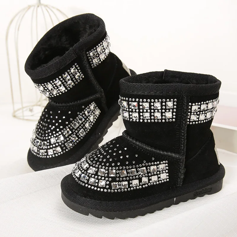 Детские кожаные блестящие туфли Reihnstone обувь для принцессы черные розовые