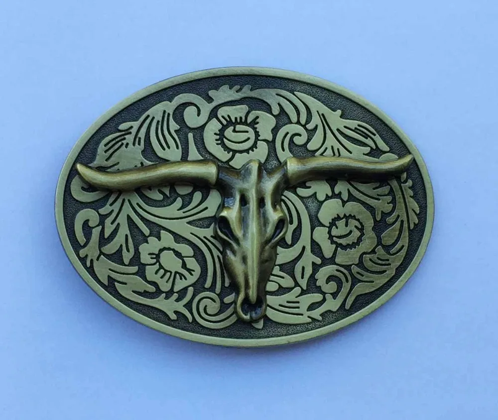 Золотой и бронзовый Лонгхорн бык голова с цветочным фоном западные пряжки ремня |