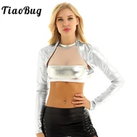 tiaobug women shiny metallic long sleeves shrug bolero short cardigan tops stage performance club rave party jazz dance costume