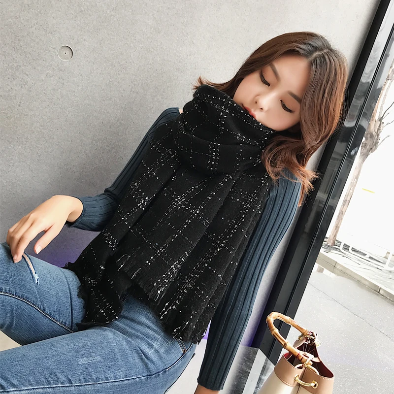 Шарф осень зима студенческий Теплый черный белый клетчатый шарф женский