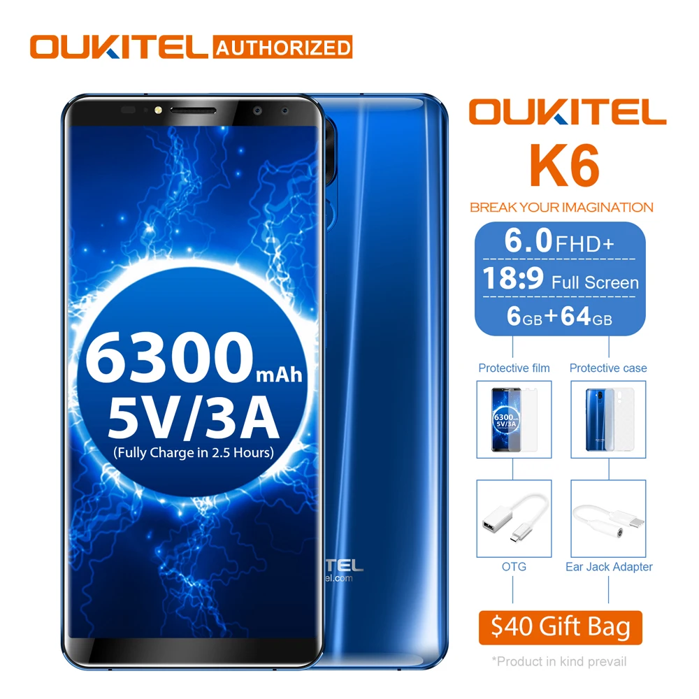 Отремонтированный Oukitel K6 6 0 ''Face ID ГБ Оперативная память 64 Гб Встроенная MTK6763 Octa