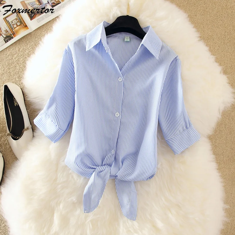 Женская блузка рубашка лето 2021 короткий рукав в полоску с бантом Blusas свободного