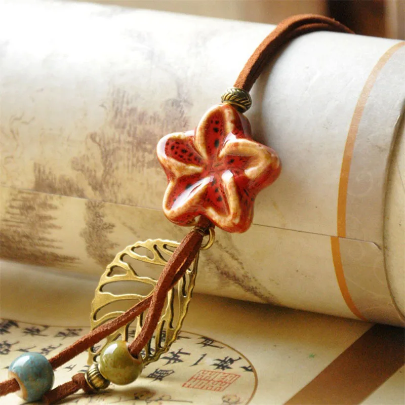 

Star Necklaces Ceramic Beads Hollow Leaf Flower Pendants Statement Charm Leather Rope Choker PU Cord Chain Women Jewelry