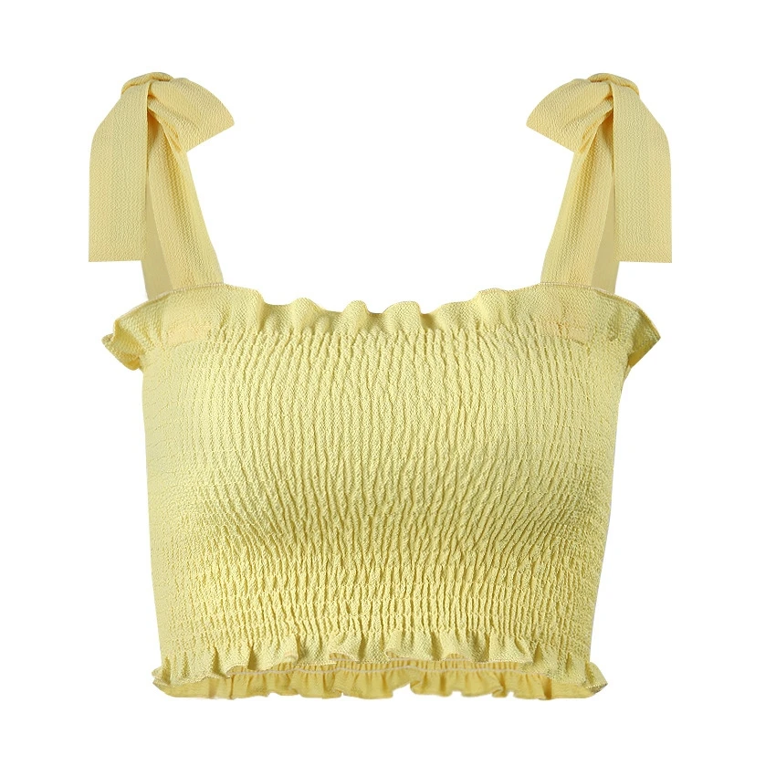 Одноцветное галстук бабочку шифон уличная Топ Для женщин Мода Ruched Pleated Crop Top Sexy