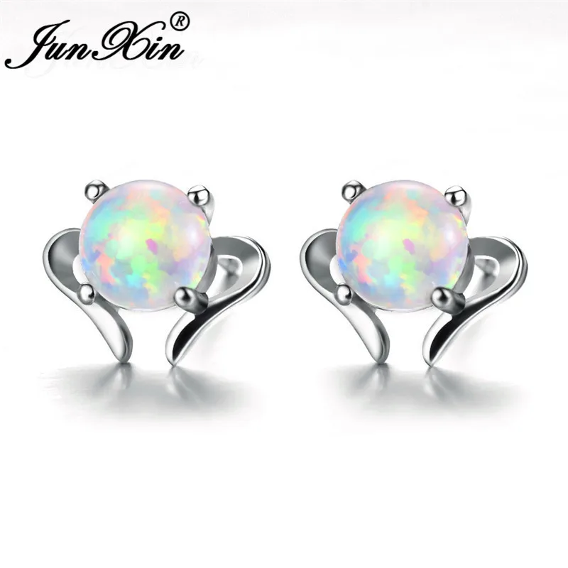 White Opal Earrings JUNXIN круглая Радужная огненная запонка с опалом, серьги для женщин, серебро 925 пробы, белые синие опалы, серьги в форме сердца - Окраска металла: White Opal Earrings