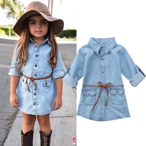 Toddler Kids Baby Girl Denim Dress Shirt Blouse Party Outfit Clothes Adorable Long Sleeve Light Blue Dresses | Детская одежда и