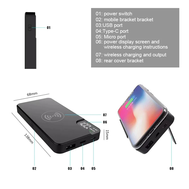 10000 мАч Внешний аккумулятор внешний Type c Micro USB портативное QI Беспроводное
