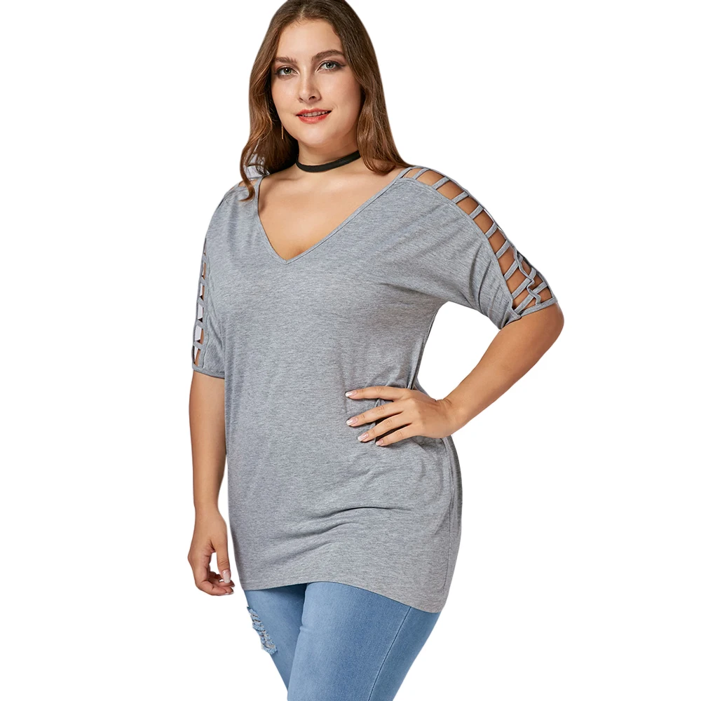 2018 5XL Cut Out V шеи плюс Размеры туника Топ Футболка Для женщин топы Повседневное