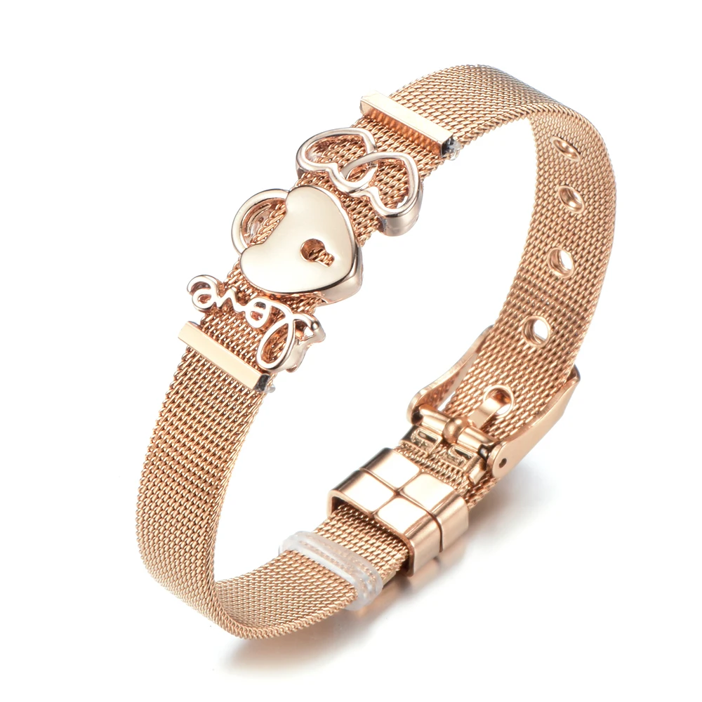 

New Fashion Stainless Steel Keys Lock Crystal Love Heart Charms Brand Bracelet Mesh Adjustable Bracelets for Women Lovers Gift