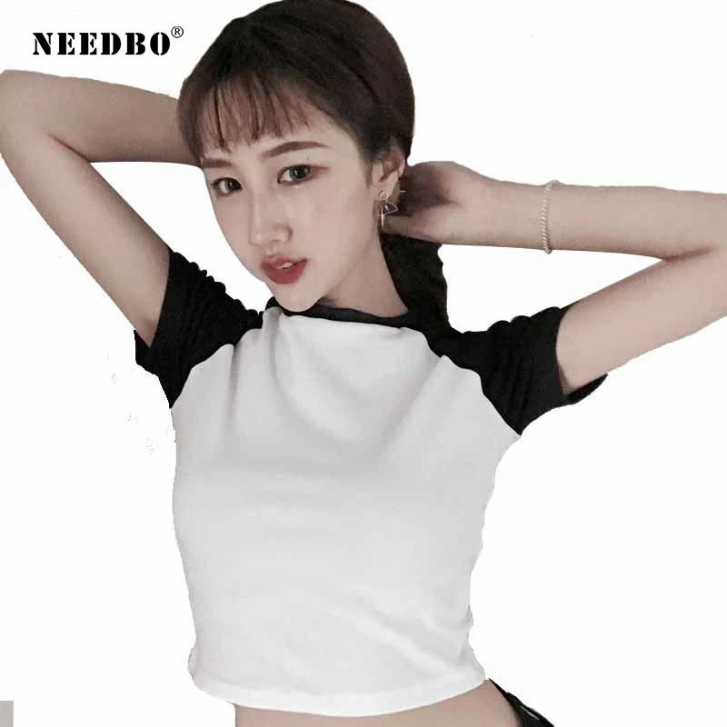 NEEDBO сексуальный укороченный топ футболка женская mujer одноцветная Спортивная