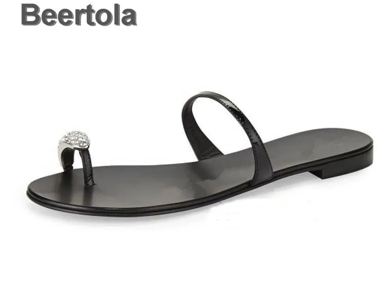 

Summer Flat Flip Flops With Rhinestones Patent Leather Clip Toe Women Sandals Bling Crystal Plus Size 42 Beach Girls Shoes Women