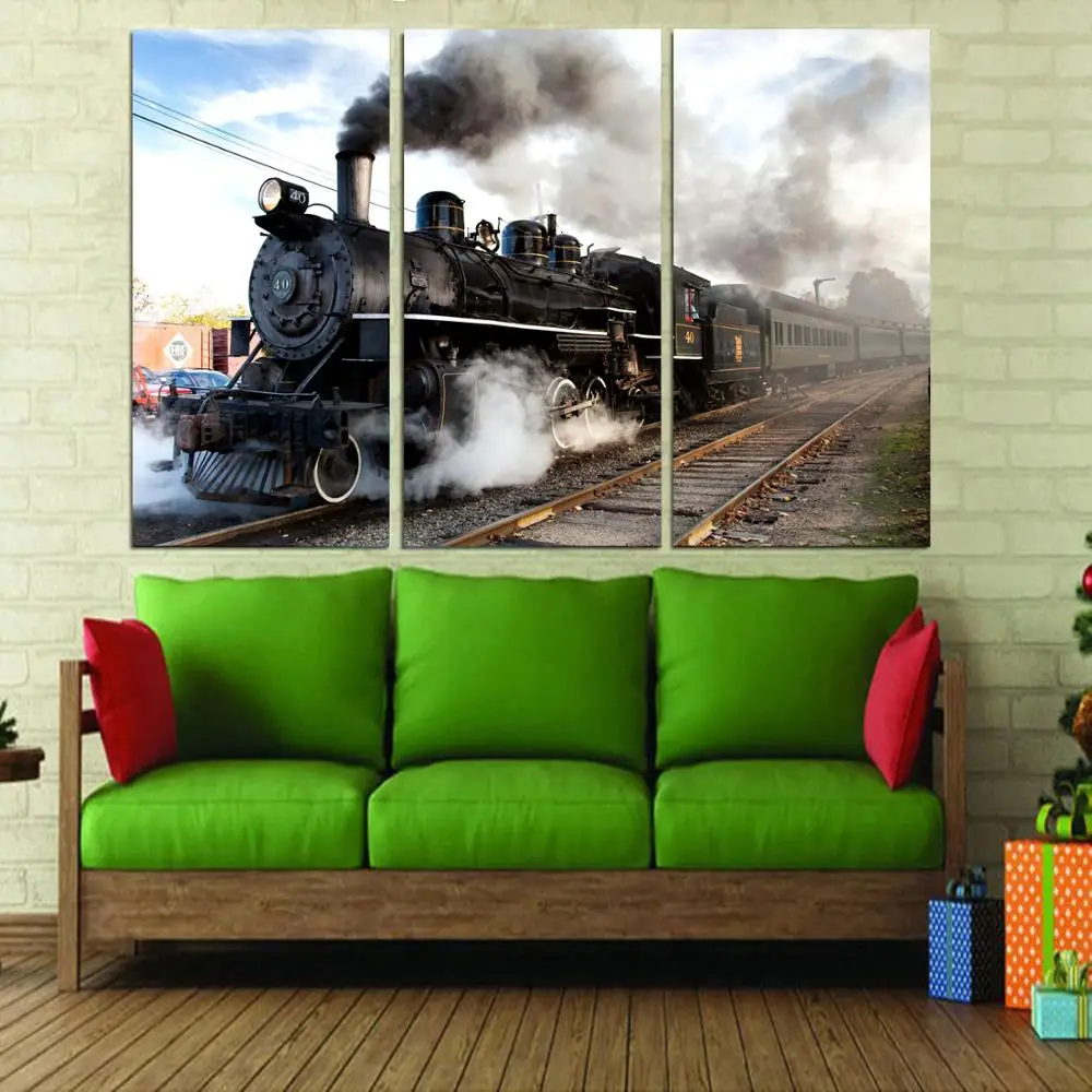 

Drop shipping 3 Panel printed painting Train Painting Canvas Wall Art Picture Home Decoration Living Room Modern painting LS261