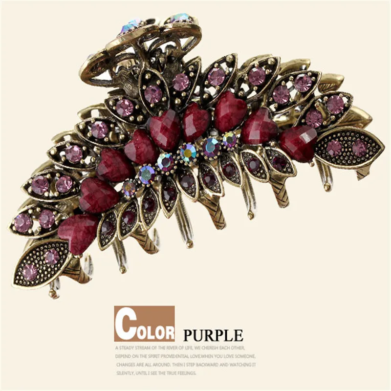 Fashion Women 5 Color Flowers Big Hair Claws Ancient Gold Alloy Rhinestone Resin Vintage Hairpin Wedding Hair Accessories Gifts - Окраска металла: purple 2
