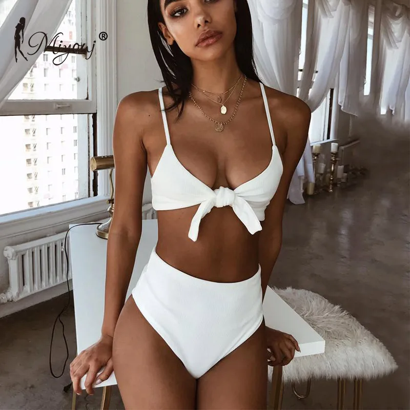 

Miyouj Sexy High Waist Bikini Push Up Bandage Swimsuit Women 2019 White Swimwear Solid Bathing Suit Biquini Halter Bikini Set XL
