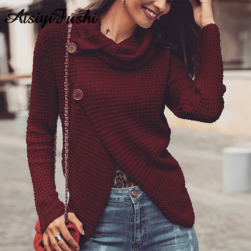 Зимний женский вязаный свитер с высоким воротником на пуговицах необычный