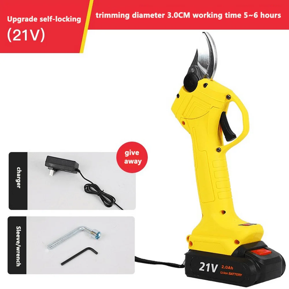 

21V Electric Pruning Scissors with 2 Battery Fruit Tree 3mm Pruner Garden Tool Shears Electric Fruit Branch Cutter Orchard Shear