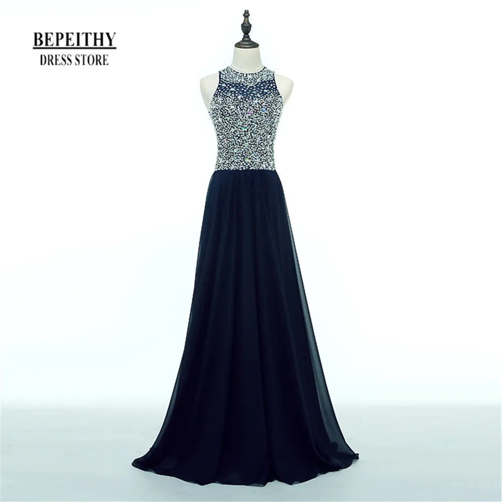 navy blue BEPEITHY Новое поступление; Robe De Soiree шифоновое платье с О-образным вырезом длинное вечернее платье вечерние изящный, темно-синий Бусины винтажное вечернее платье - Цвет: navy blue