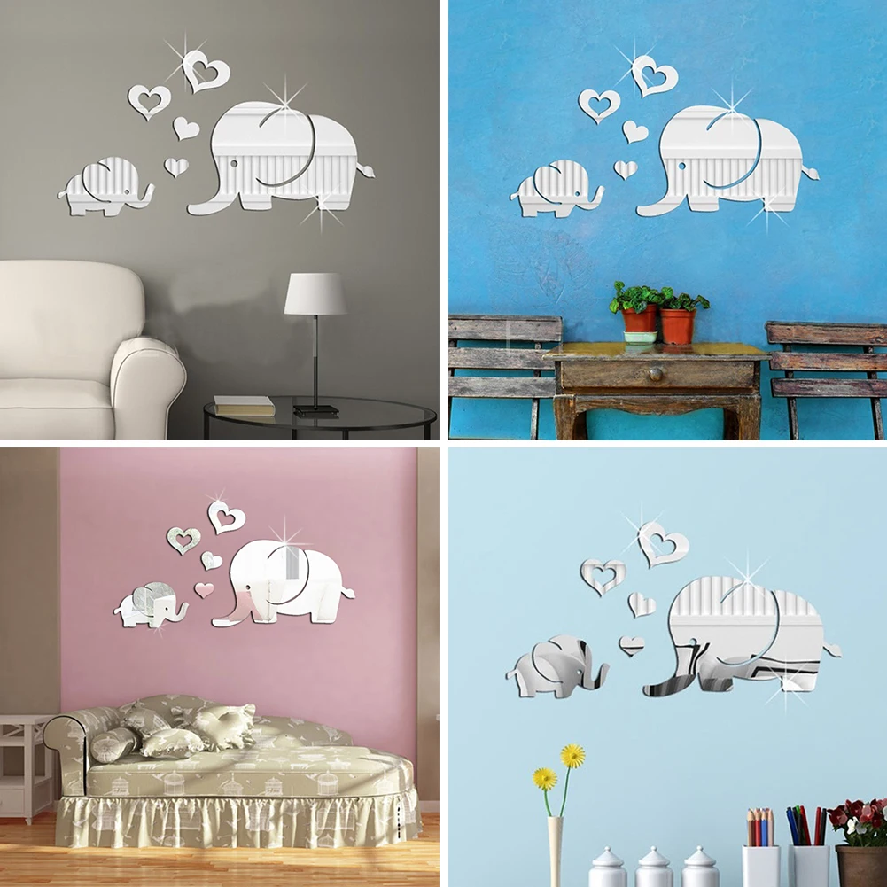 60*45cm New 3d Acrylic Decoration Love Small Elephant and heart Mirror Paste | Дом и сад
