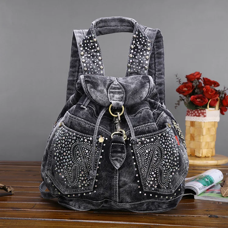 Винтаж модные Заклёпки Рюкзаки Для женщин Джинсовый Рюкзак Джинсы для
