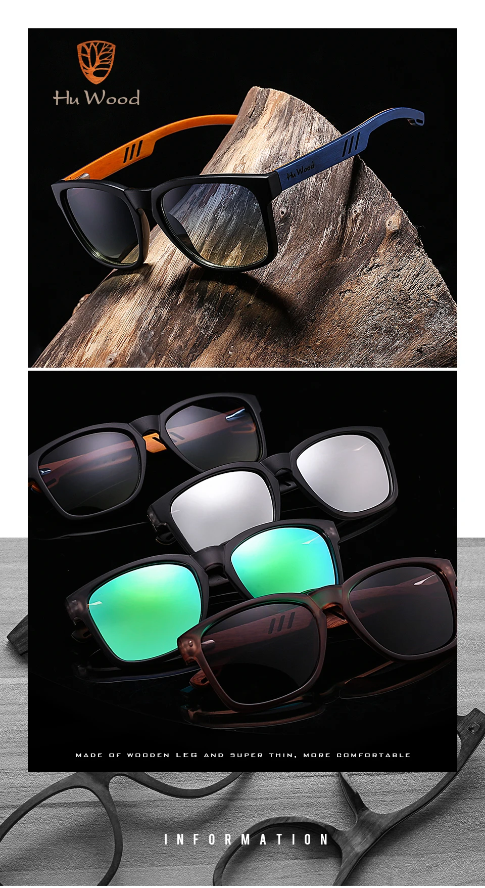 HU WOOD Brand Design Multi-color Frame Skateboard Wood Sunglasses for Men Color Gradient Lenses Driving Shade Anti-glare GR8011