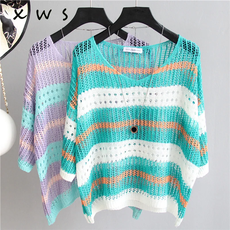 

2023 women oversize sweter V neck Knit Jumpers casual sexy hollow out striped Knit Pullover and Sweaters Candy summer Sweater
