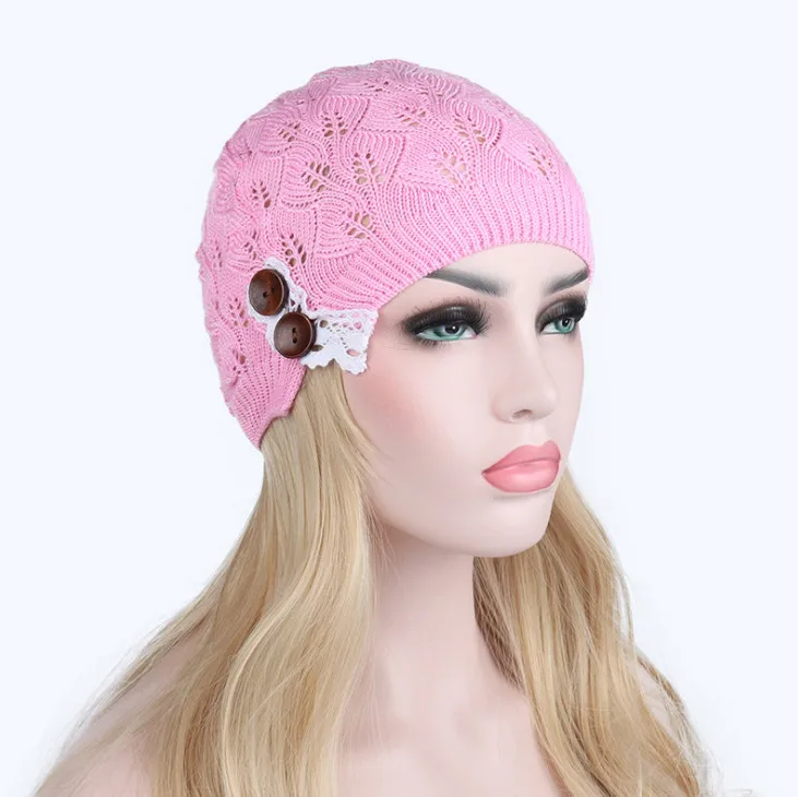 Новинка, вязаная шапка Gorros, женская шапка, листья, кружево, пуговица, шерсть, теплые шапки, берет, хеджирующая шапка, зимняя шапка, женская шапочка - Цвет: color 6