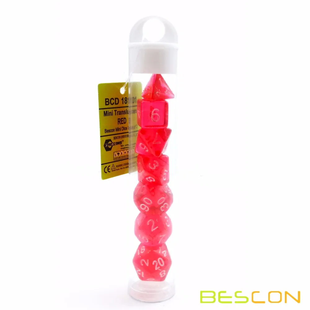 Bescon мини полупрозрачные многогранные RPG игральные кости набор 10 мм, маленький RPG ролевые игры игральные кости набор D4-D20 в трубе, прозрачный красный