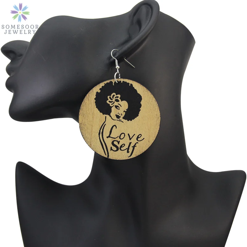 

SOMESOOR African Beauty Natural Wood Drop Earrings Afrocentric Curly Hair Love Self Black Sayings Laser Engraving Women Jewelry