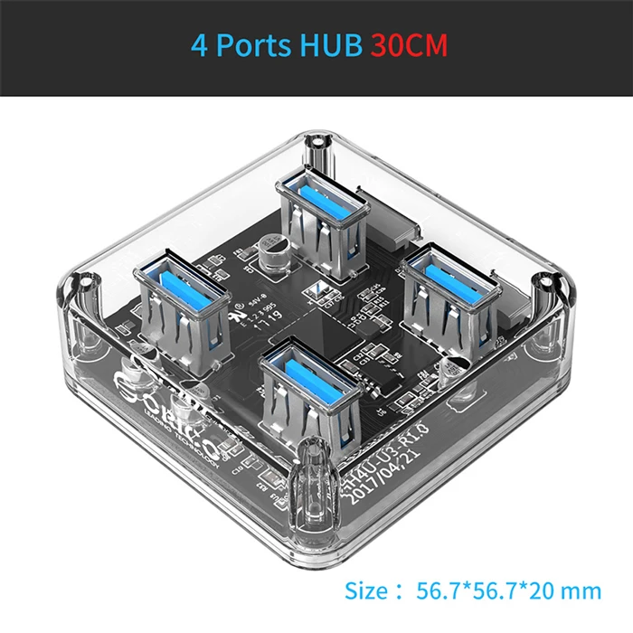 ORICO 4/7 портов USB3.0 концентратор прозрачный высокоскоростной с микро USB интерфейс питания usb-хаб поддержка OTG для Mac/Windows/Linux - Цвет: MH4U-30CM