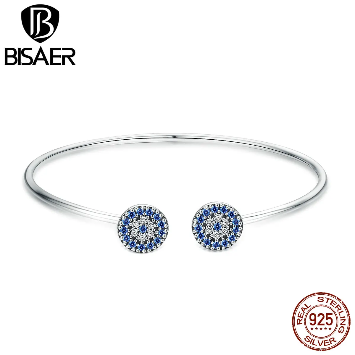 BISAER, подлинный 925 пробы, серебряный, Femme, Lucky, голубой глаз, змеиная цепочка, открытая манжета, браслет для женщин, Pulseira, серебряные ювелирные изделия, GXB058