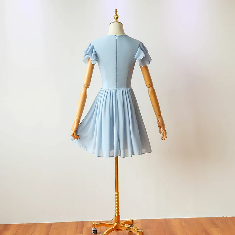 Real Shot Plus Size Fashion Blue Short Chiffon V-neck Bridesmaids Dresses dance Party Dress Women Wedding Guest 9049 | Свадьбы и