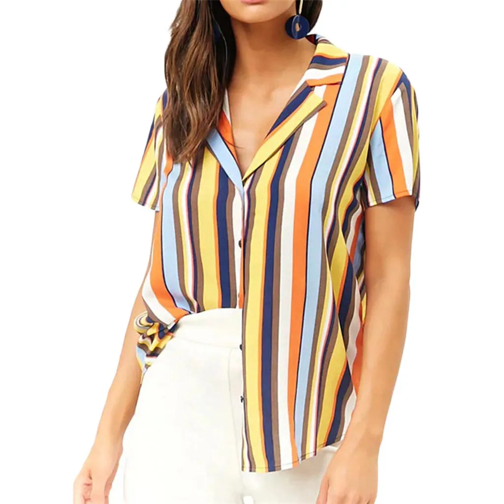 Летняя женская рубашка Повседневная с коротким рукавом Женская Полосатая блуза