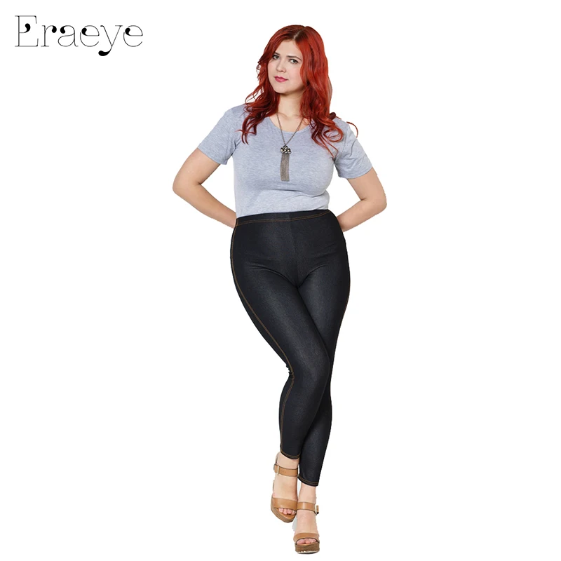 ERAEYE lady faux jeans Ninth Pants Large Size 5xl High Elastic Skinny Thin Black Blue Denim Sexy Hip Pencil Mid Waist Leggings|faux jeans|leggings