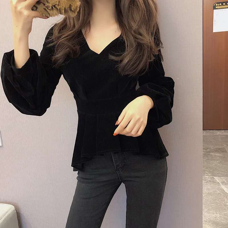 Lychee/Женская плотная футболка с оборками глубоким v образным вырезом длинным