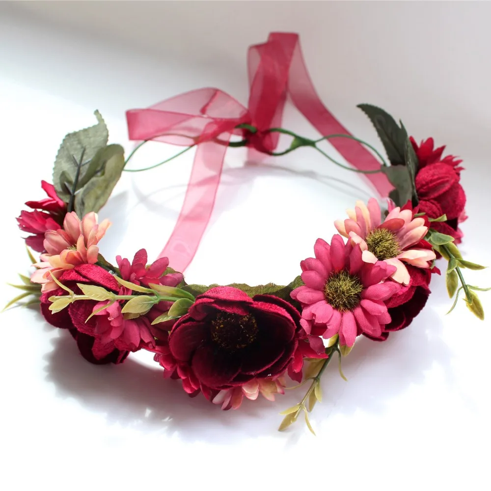 Women's delicate flower wreath festival Headband crown Red faux sunflower Prom |